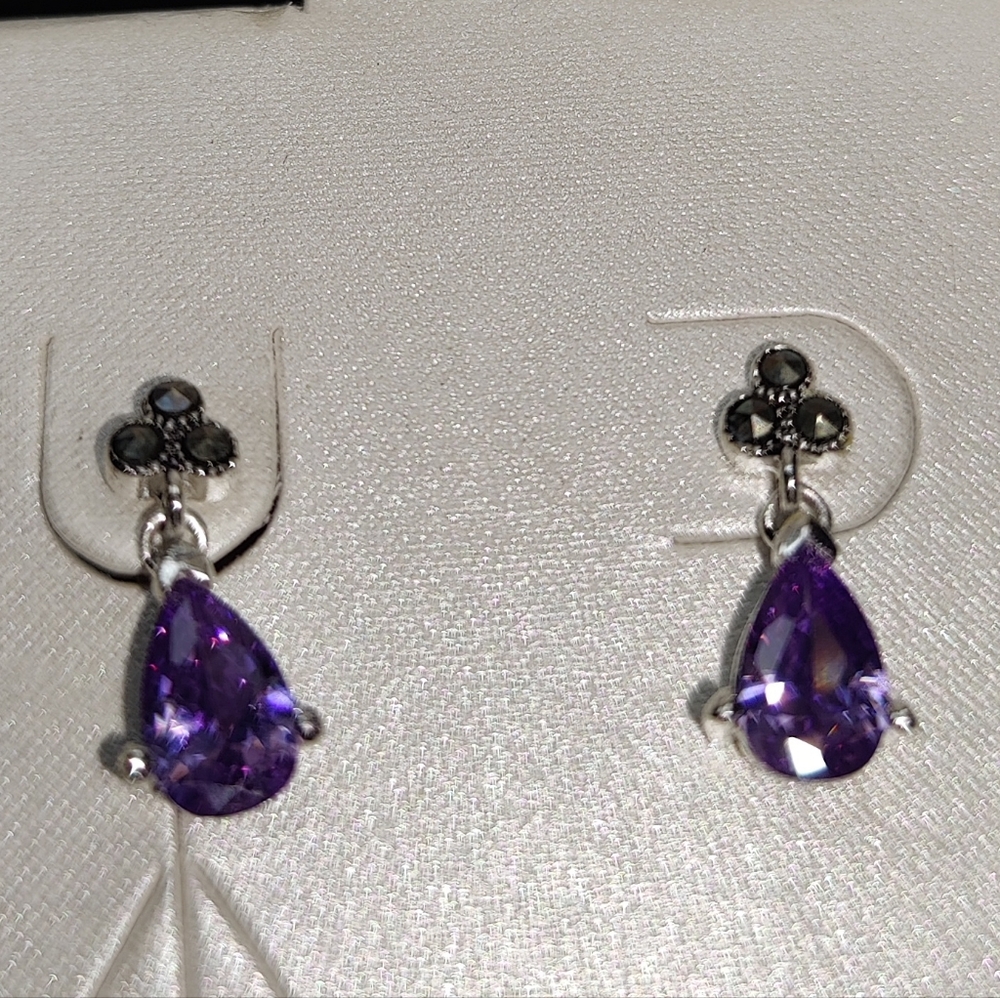 Amethyst Marcasite Dangle Teardrop Earrings